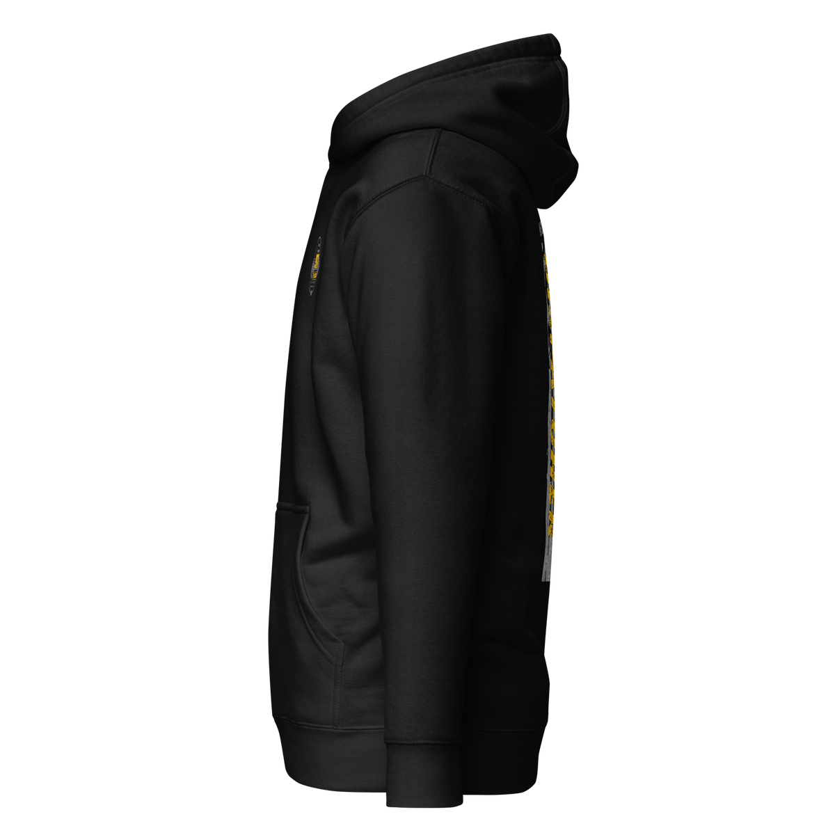 Left-side view of SLYR Apparel MPD Dispatcher red blue yellow pullover hoodie in black