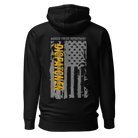 Back view of SLYR Apparel MPD Dispatcher yellow pullover hoodie in black
