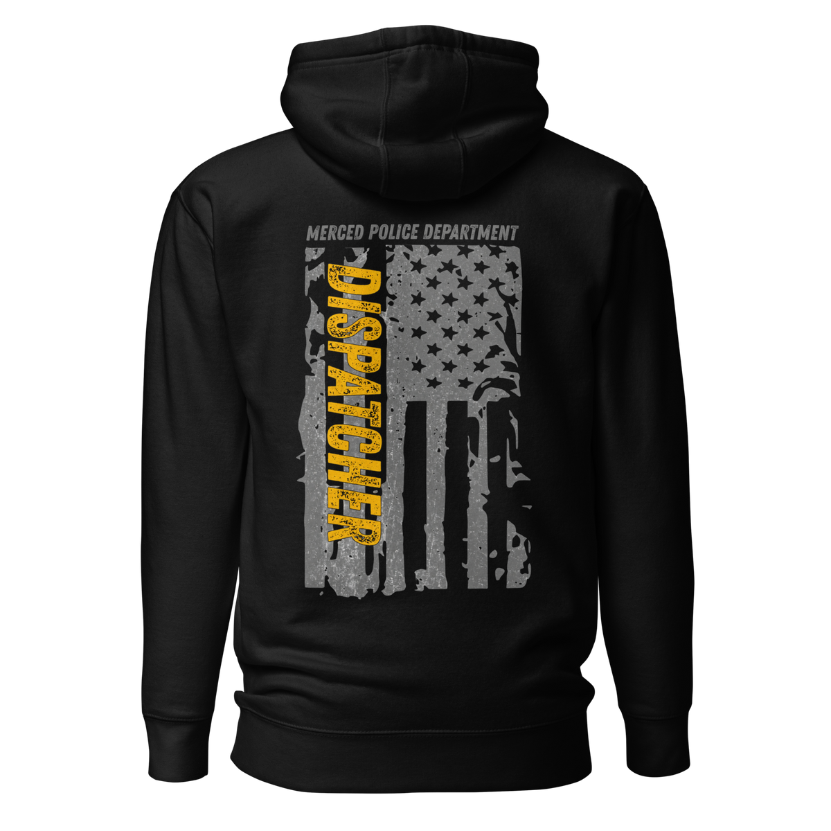 Back view of SLYR Apparel MPD Dispatcher yellow pullover hoodie in black