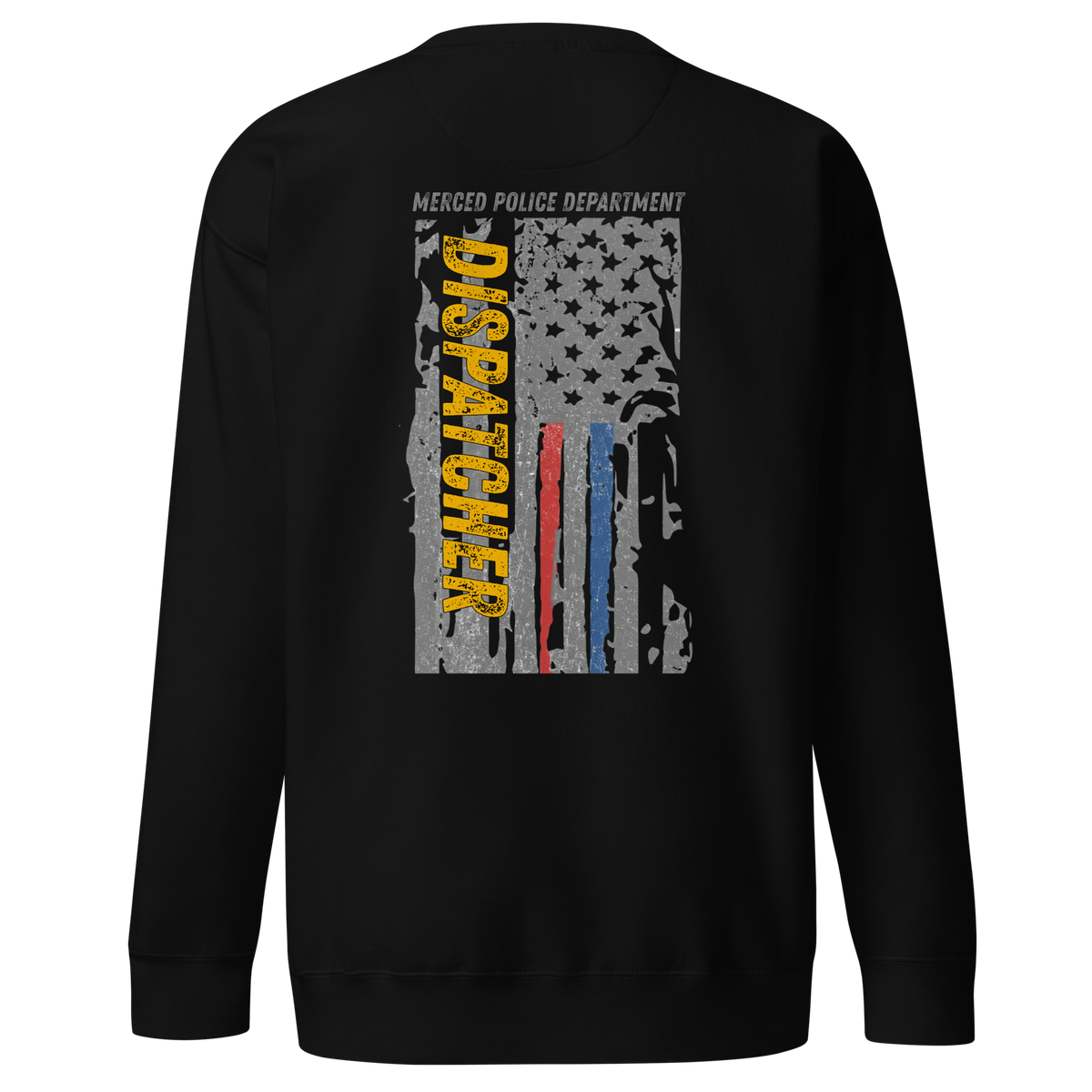 Back view of SLYR Apparel MPD Dispatcher red blue yellow sweatshirt in black