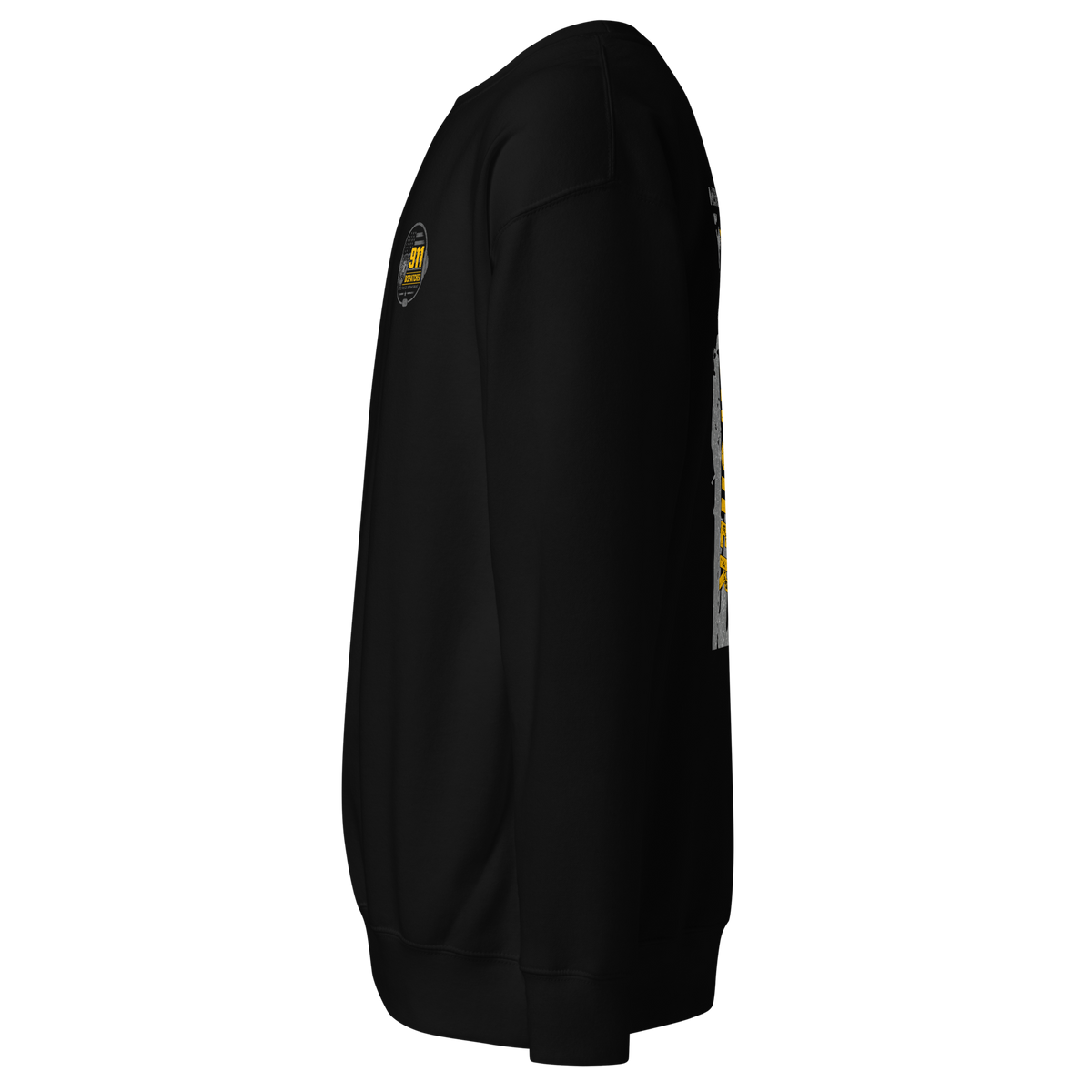 Left-side view of SLYR Apparel MPD Dispatcher red blue yellow sweatshirt in black