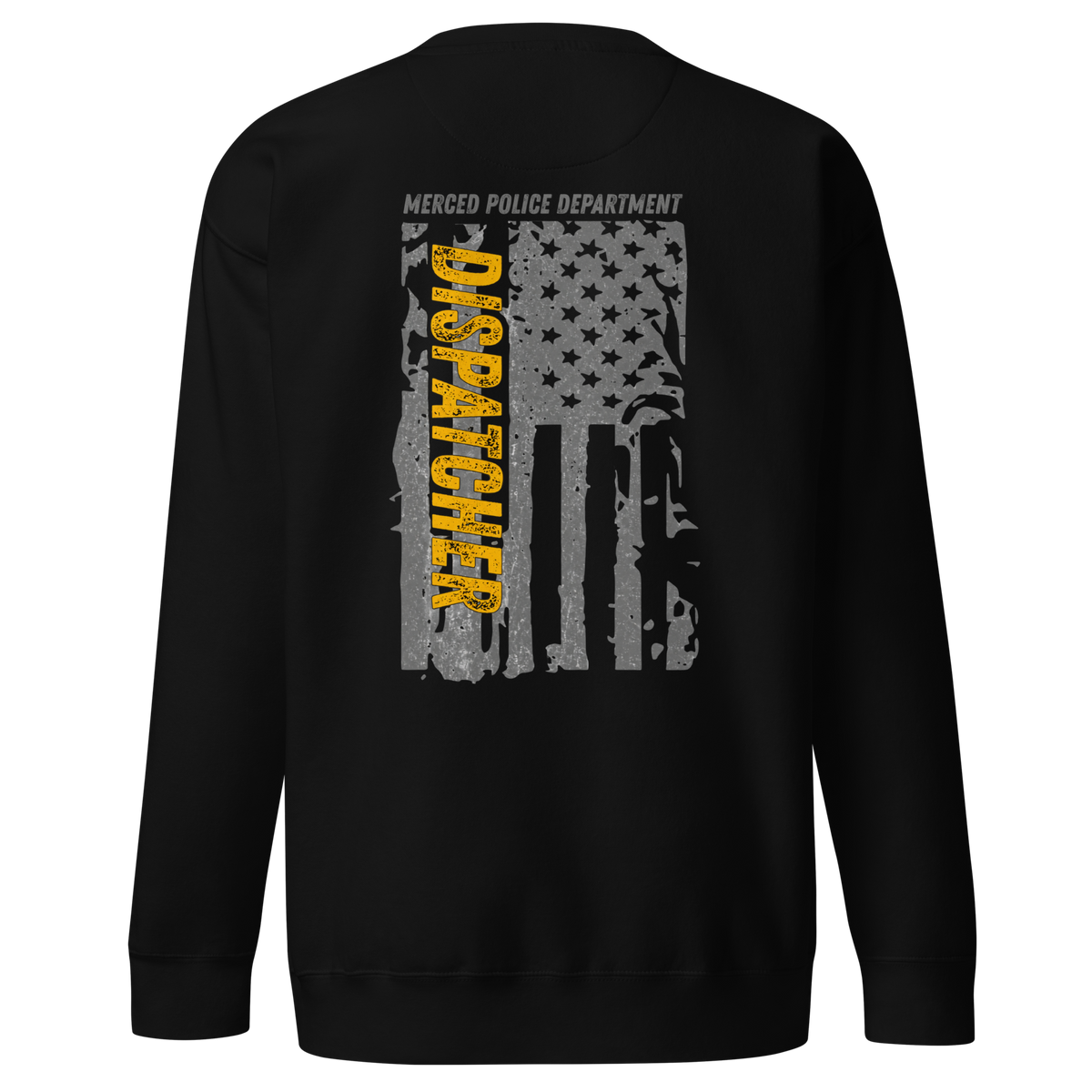 Back view of SLYR Apparel MPD Dispatcher yellow sweatshirt in black