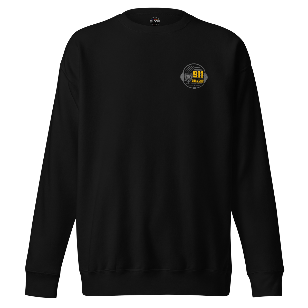 Front view of SLYR Apparel MPD Dispatcher yellow sweatshirt in black