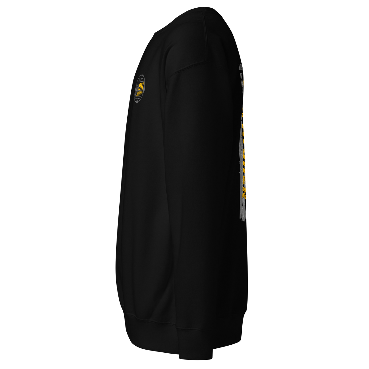 Left-side view of SLYR Apparel MPD Dispatcher yellow sweatshirt in black
