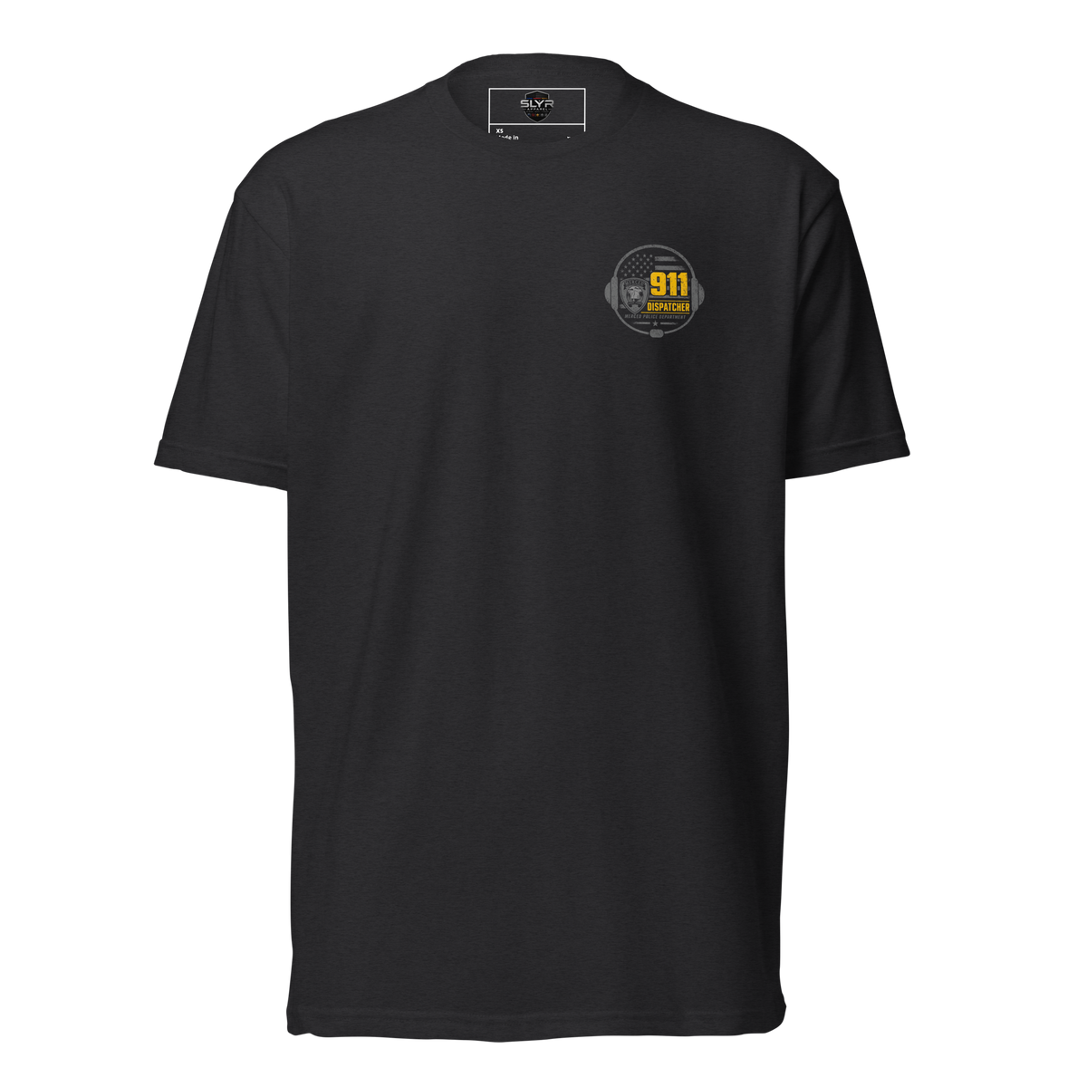 Front view of SLYR Apparel MPD Dispatcher yellow T-Shirt in black