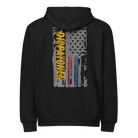 Back view of SLYR Apparel MPD Dispatcher red blue yellow zip-up hoodie in black