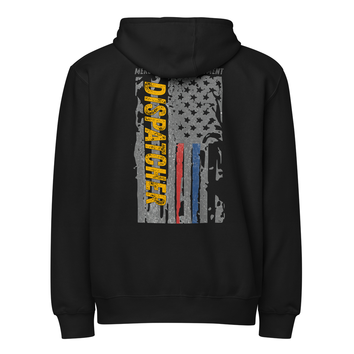 Back view of SLYR Apparel MPD Dispatcher red blue yellow zip-up hoodie in black