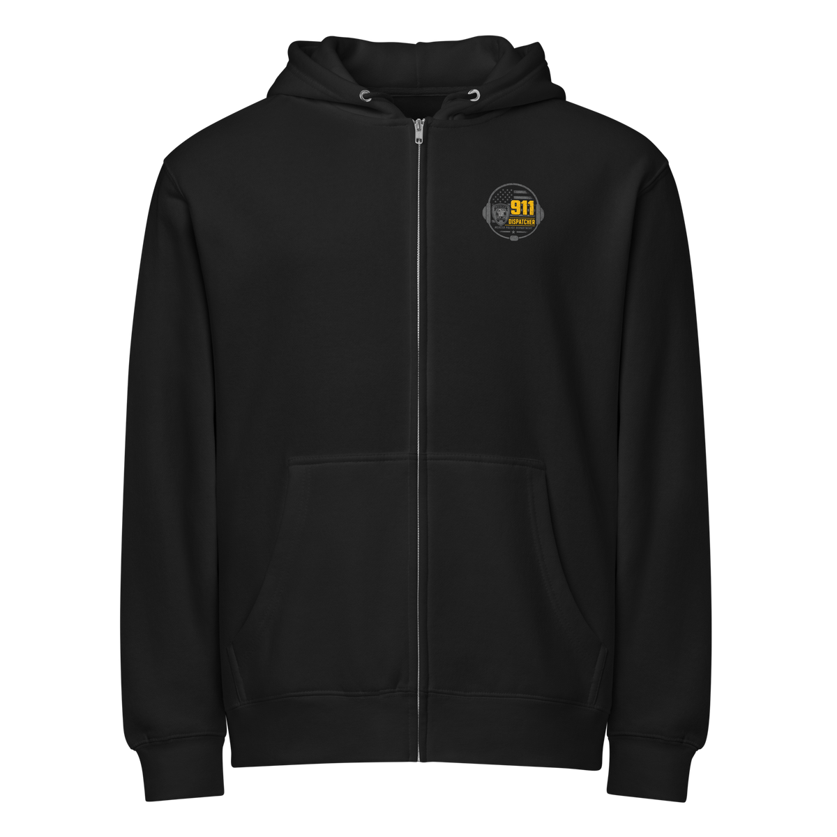 Front view of SLYR Apparel MPD Dispatcher red blue yellow zip-up hoodie in black