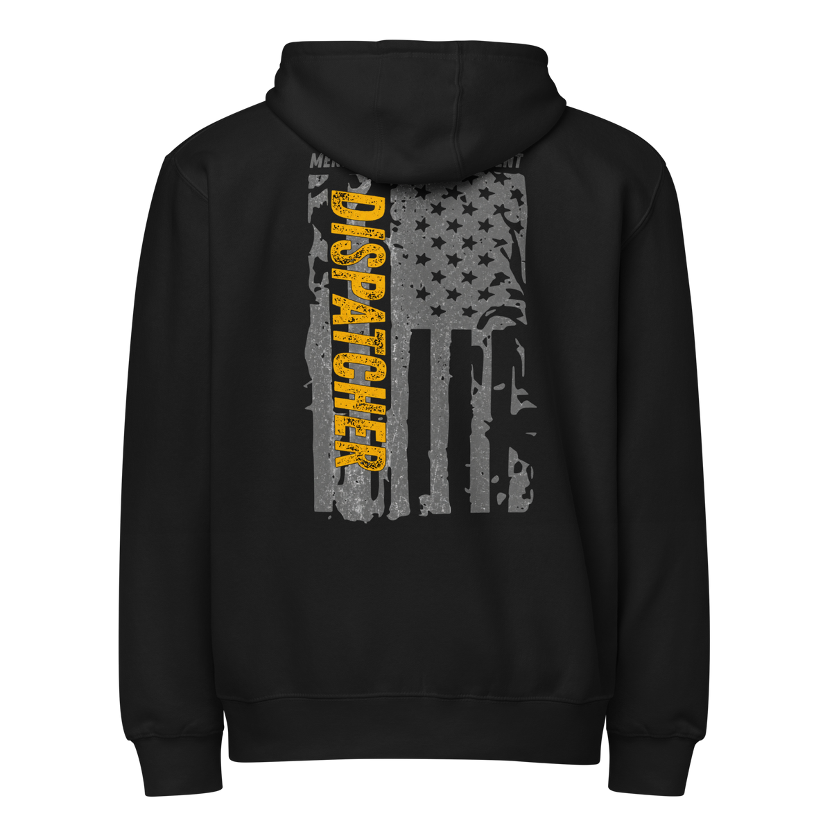Back view of SLYR Apparel MPD Dispatcher yellow zip-up hoodie in black