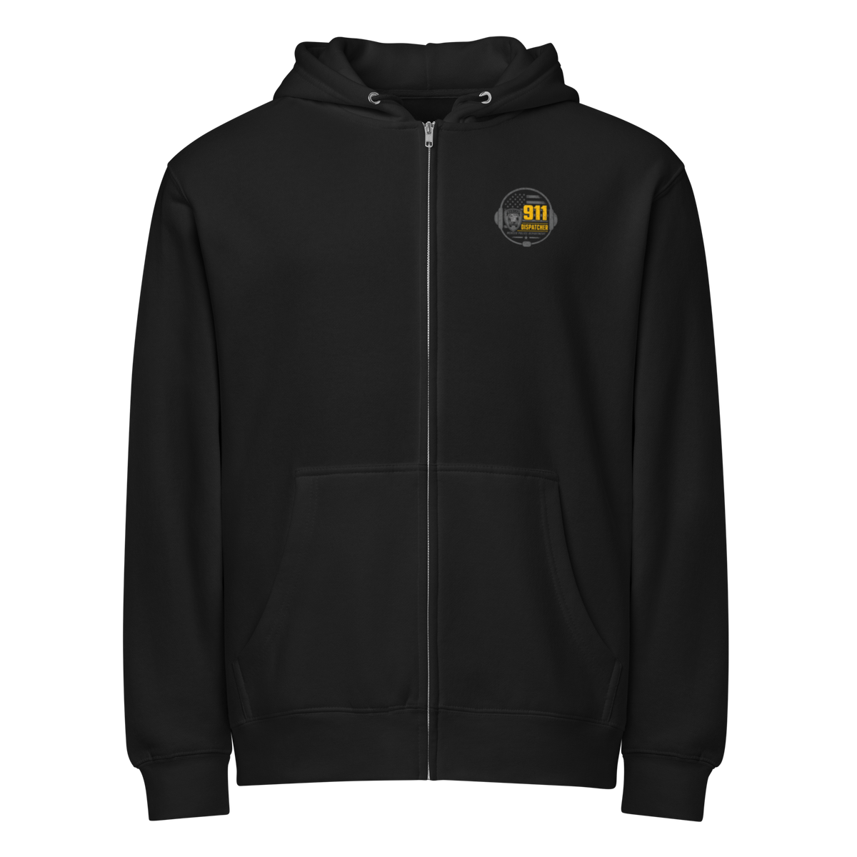 Front view of SLYR Apparel MPD Dispatcher yellow zip-up hoodie in black