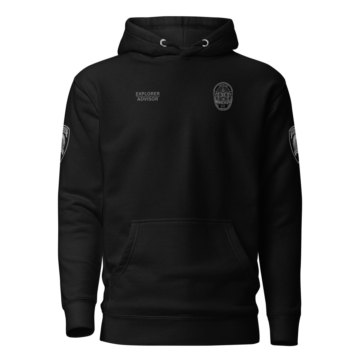 Front view of SLYR Apparel MPD Officer Explorer Advisor hoodie in black