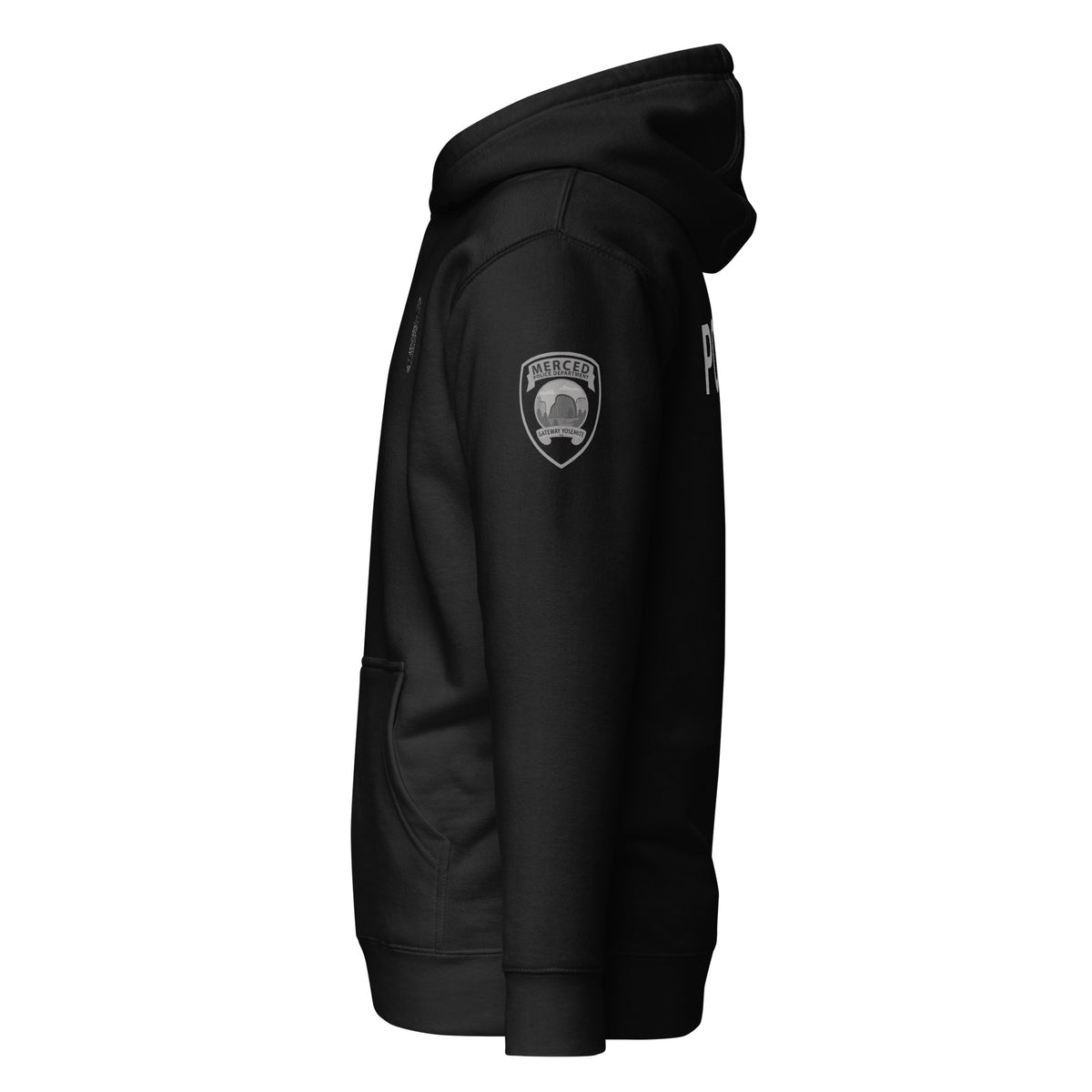 Left-side view of SLYR Apparel MPD Officer Explorer Advisor hoodie in black