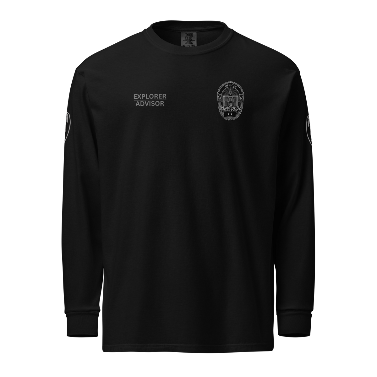Front view of SLYR Apparel MPD Officer Explorer Advisor long sleeve shirt in black