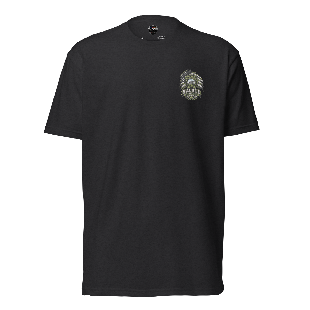 Front view of SLYR Apparel MPD Salute to Service T-Shirt in black