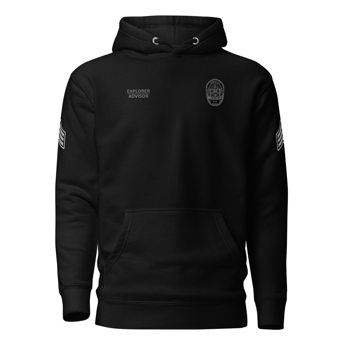 Front view of SLYR Apparel MPD Sergeant Explorer Advisor hoodie in black