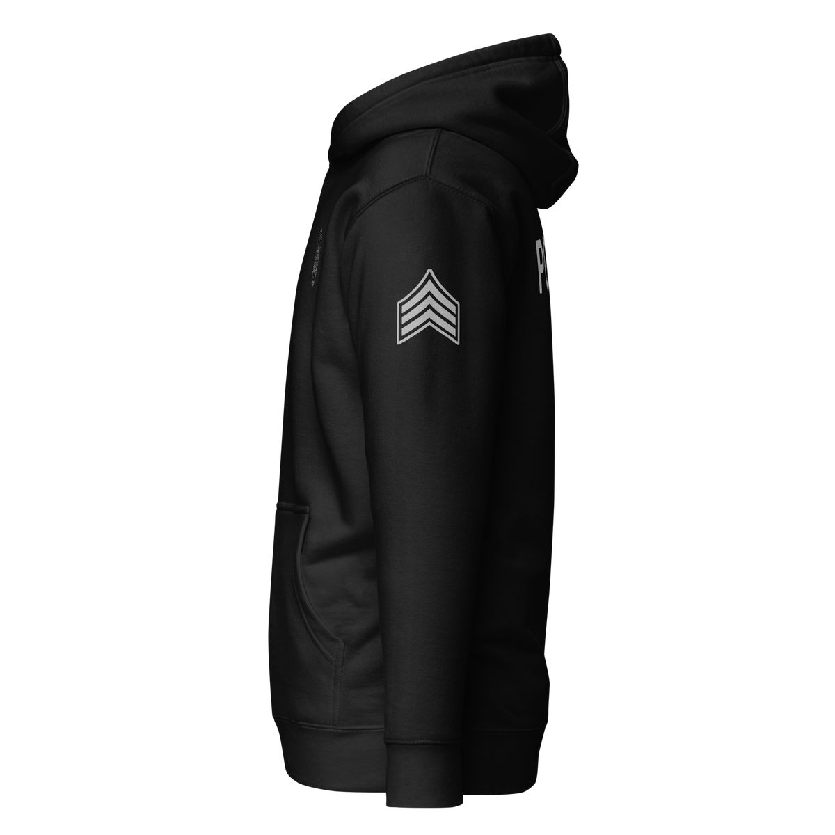 Left-side view of SLYR Apparel MPD Sergeant Explorer Advisor hoodie in black