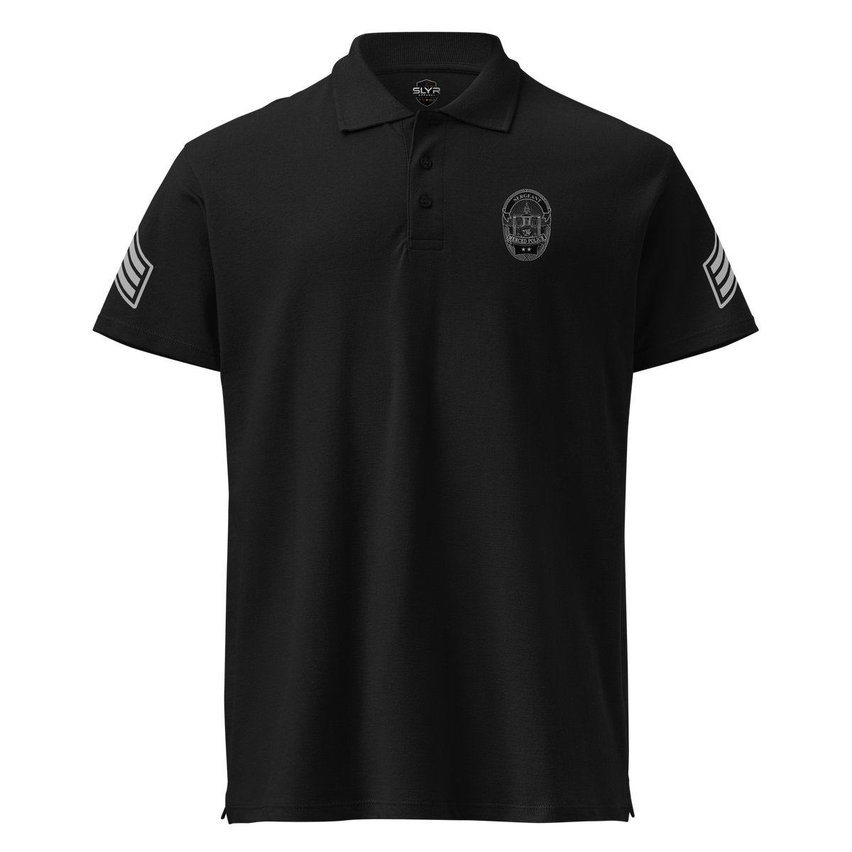 Front view of SLYR Apparel MPD Sergeant Polo Shirt in black