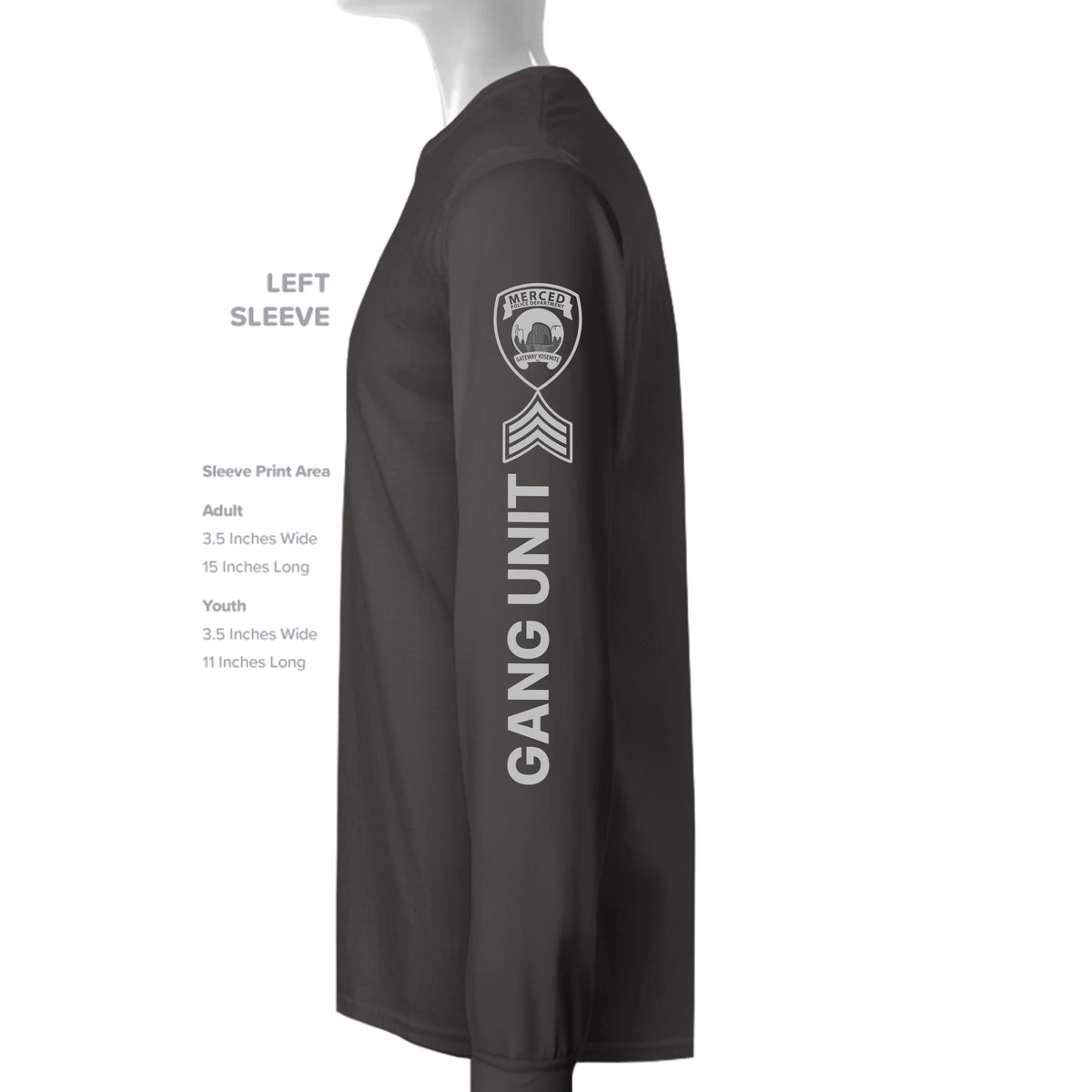 Merced Police Department Gang Sergeant D-Flex print CVC long-sleeve T-shirt – left sleeve view – SLYR Apparel