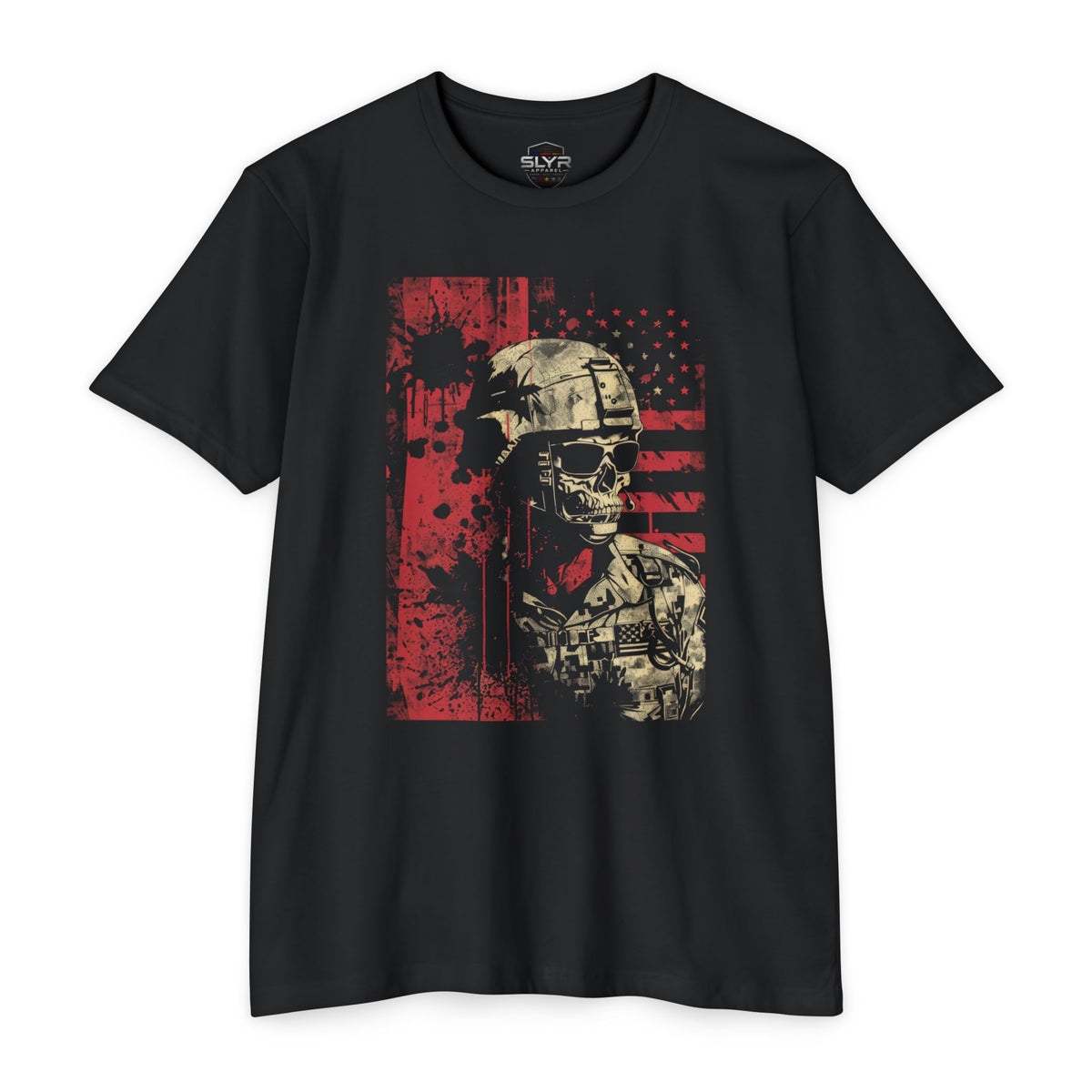 SLYR Apparel Red Dawn Military Skull American Flag T-Shirt