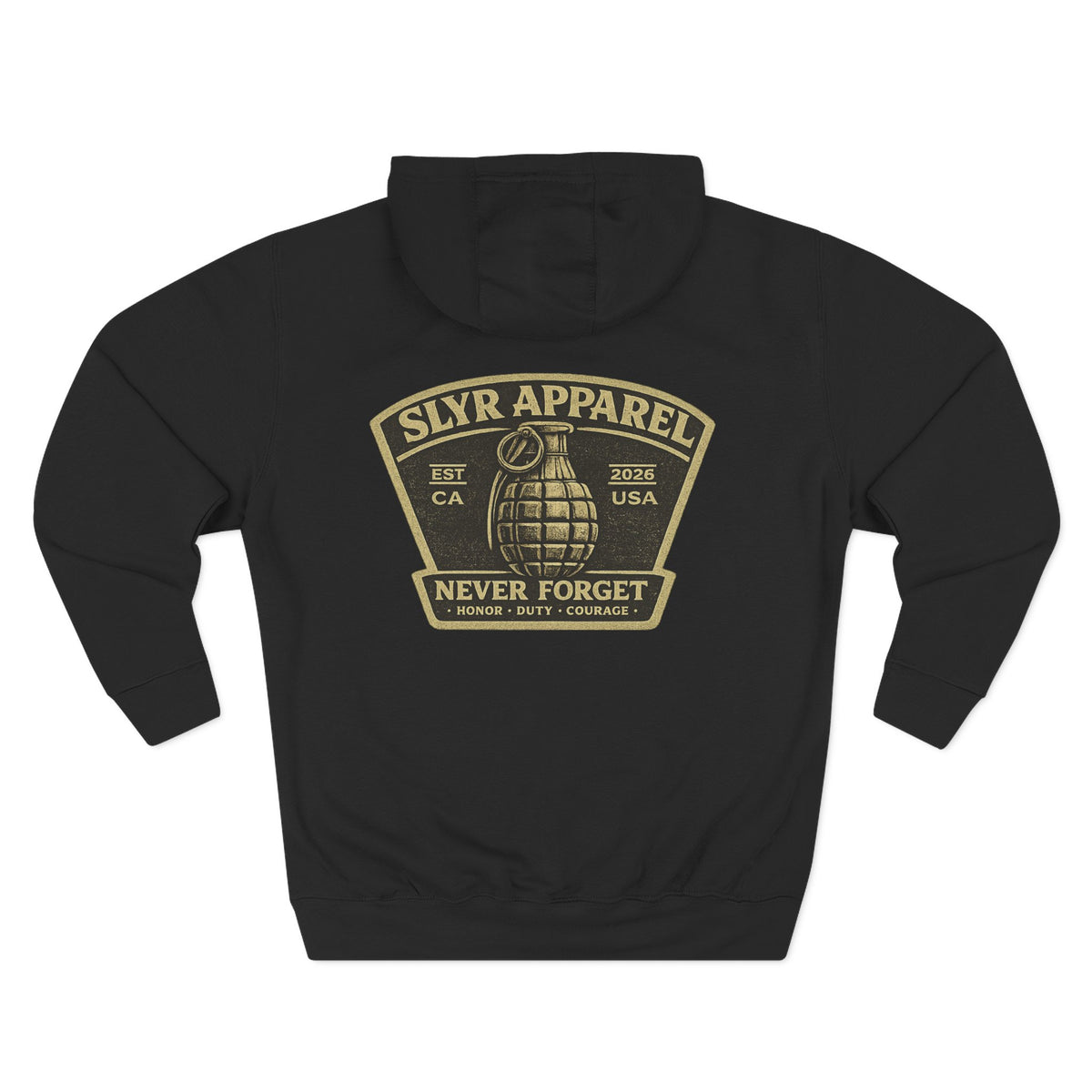 SLYR Apparel Never Forget grenade back patch fleece hoodie