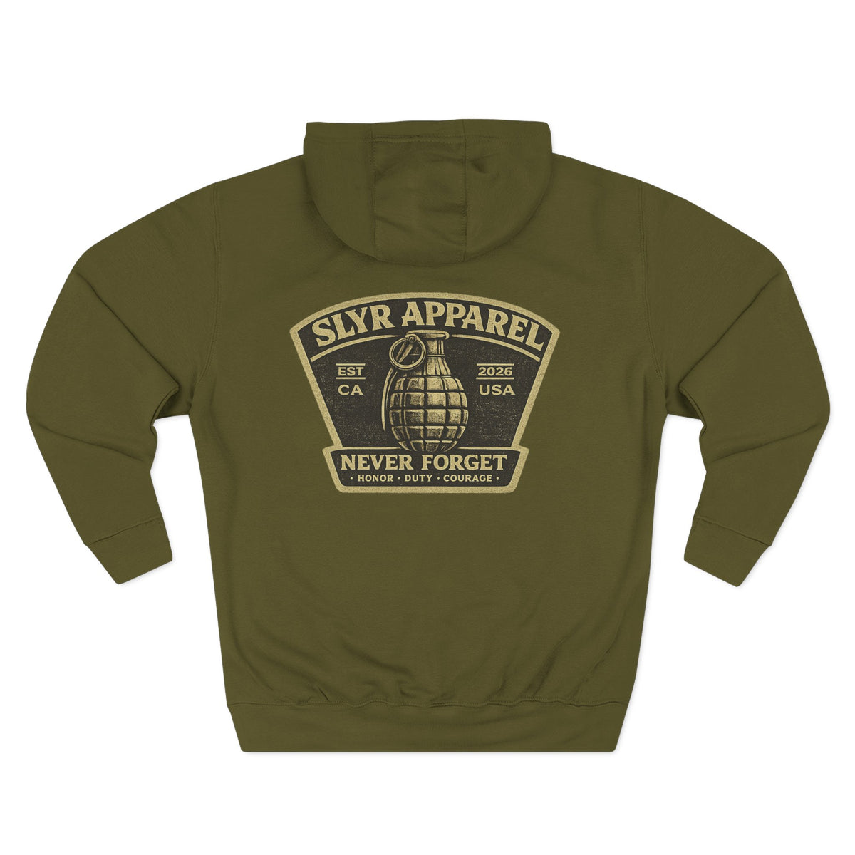 SLYR Apparel Never Forget grenade back patch fleece hoodie