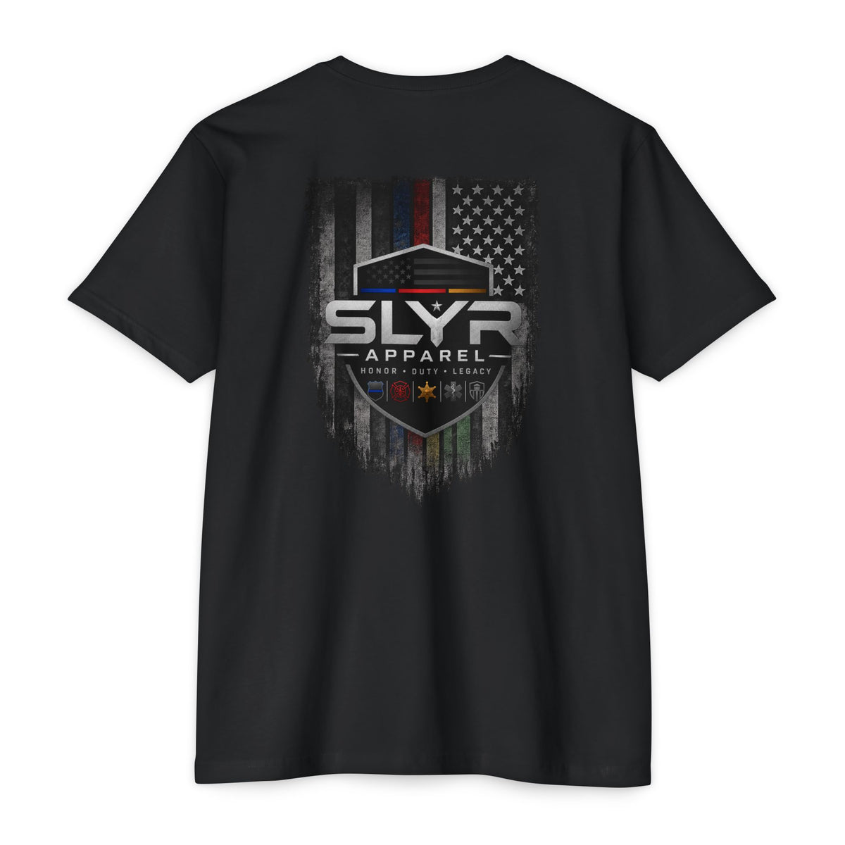 SLYR Apparel Shield distressed American flag graphic T-shirt