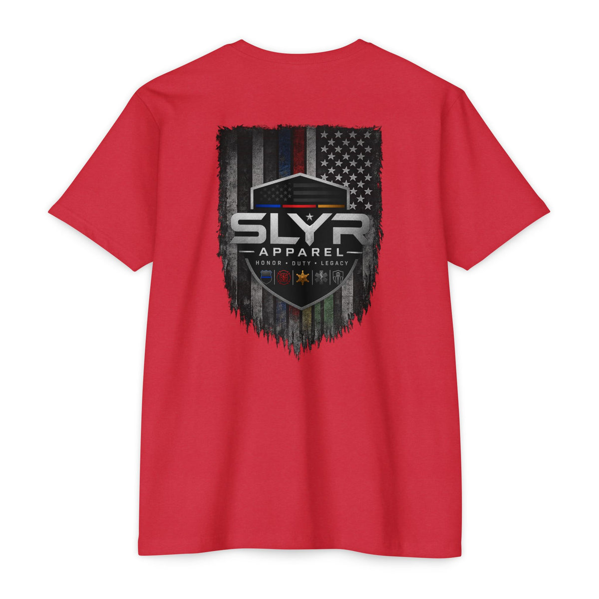 SLYR Apparel Shield distressed American flag graphic T-shirt