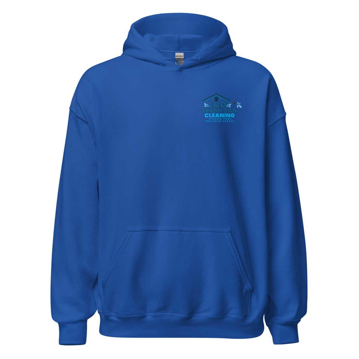 L&D Trash Can Cleaning branded hoodie, royal blue, front view