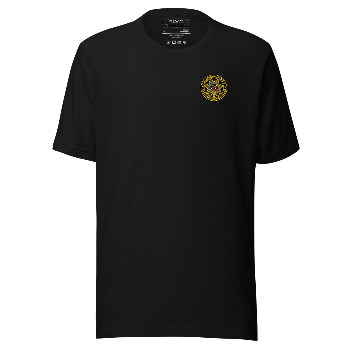 California Parole EMU T-Shirt by SLYR Apparel in black – front view
