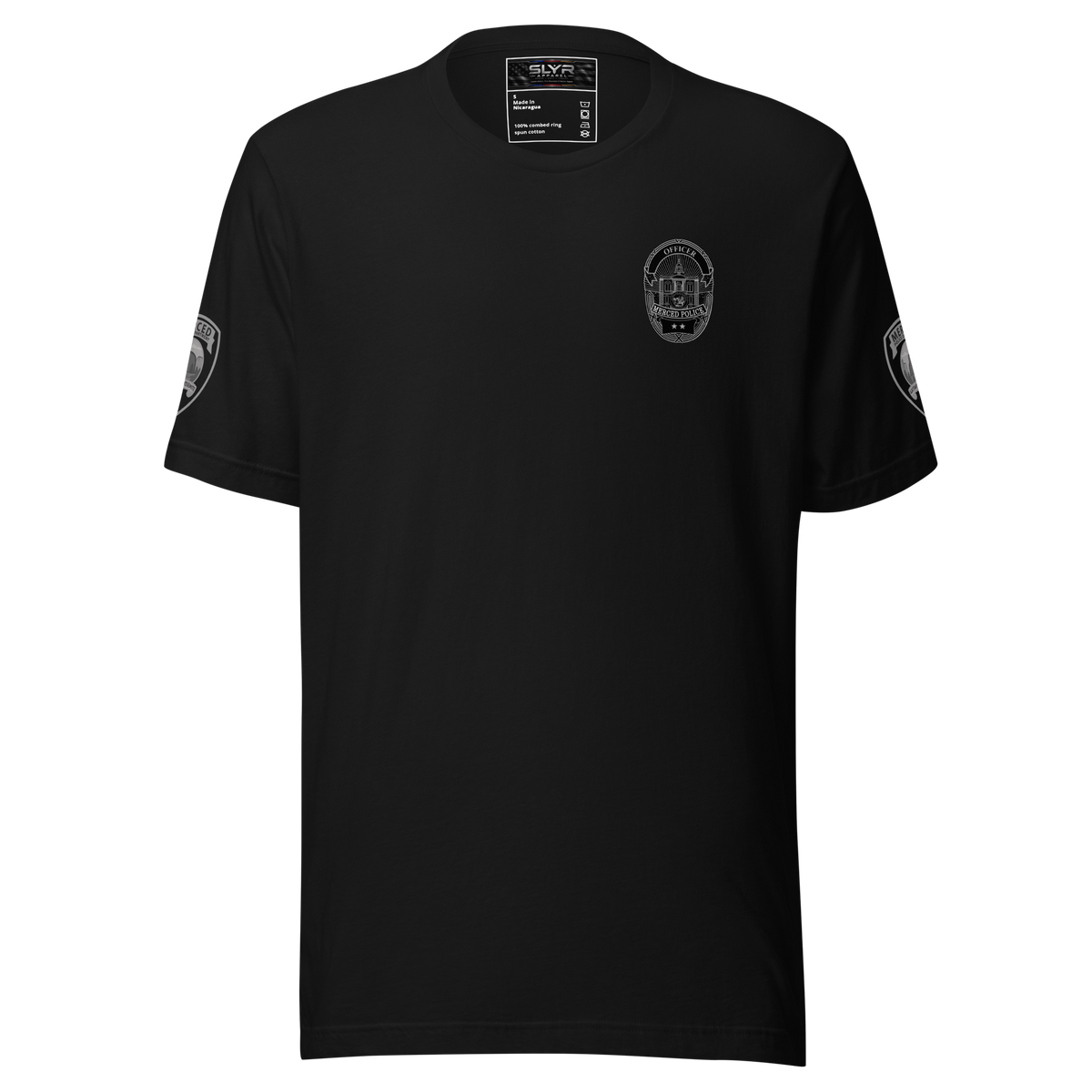 SLYR Apparel Merced Police Department Officer D-Flex print black T-shirt front view
