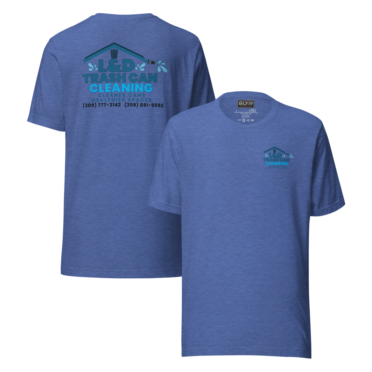 L&D Trash Can Cleaning D-Flex T-shirt in heather true royal, front and back views